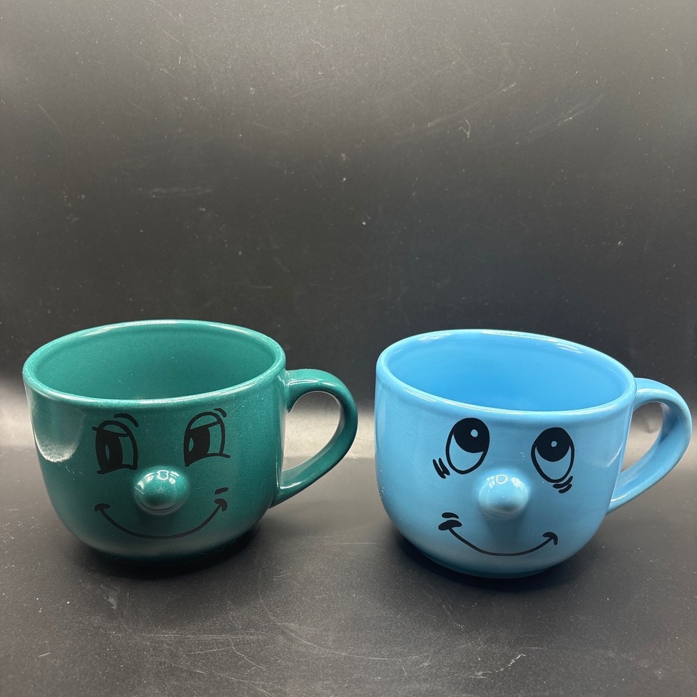 Dolce Vita Home Collection 3D Face Mugs Teal Green and Blue Set of 2 Ceramic
